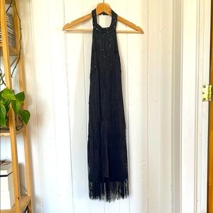 Elegant Black Fringe & sequince Halter Dress
